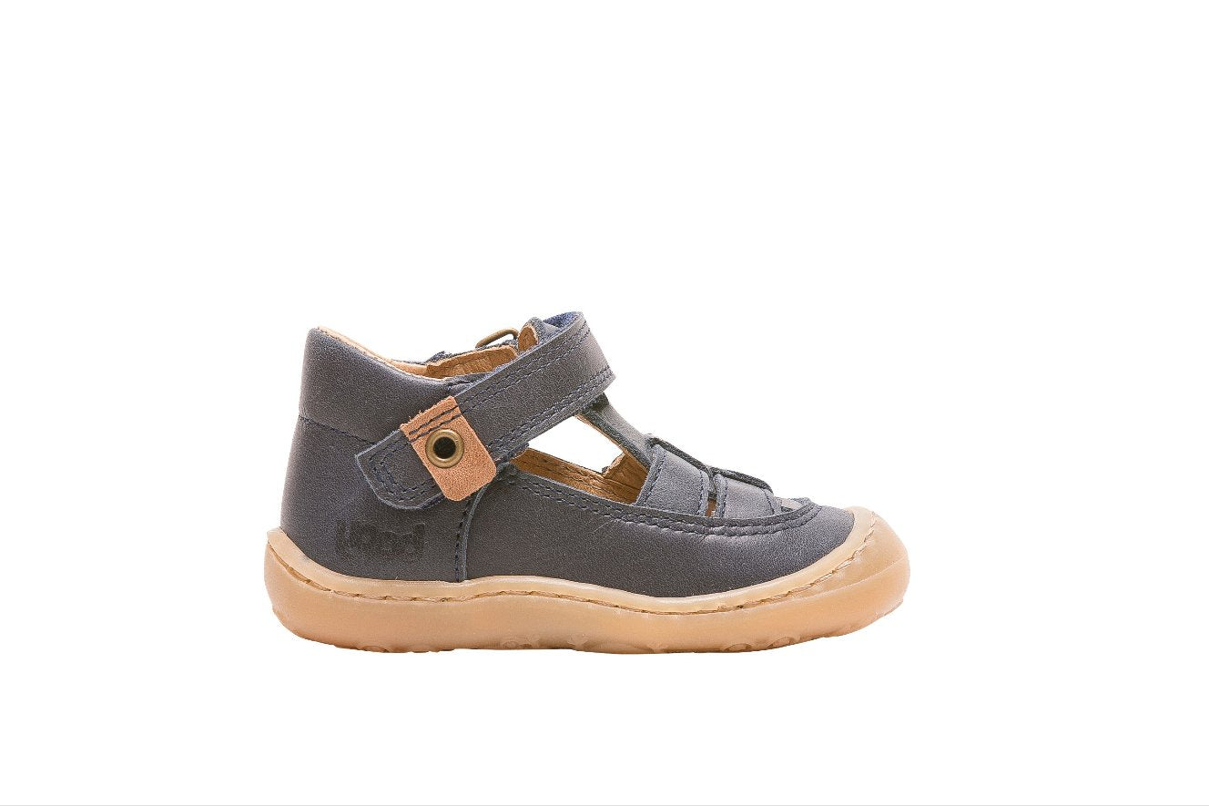 A boys summer shoe by Bopy, style Jivata, in Navy with velcro fastening. Left side view.