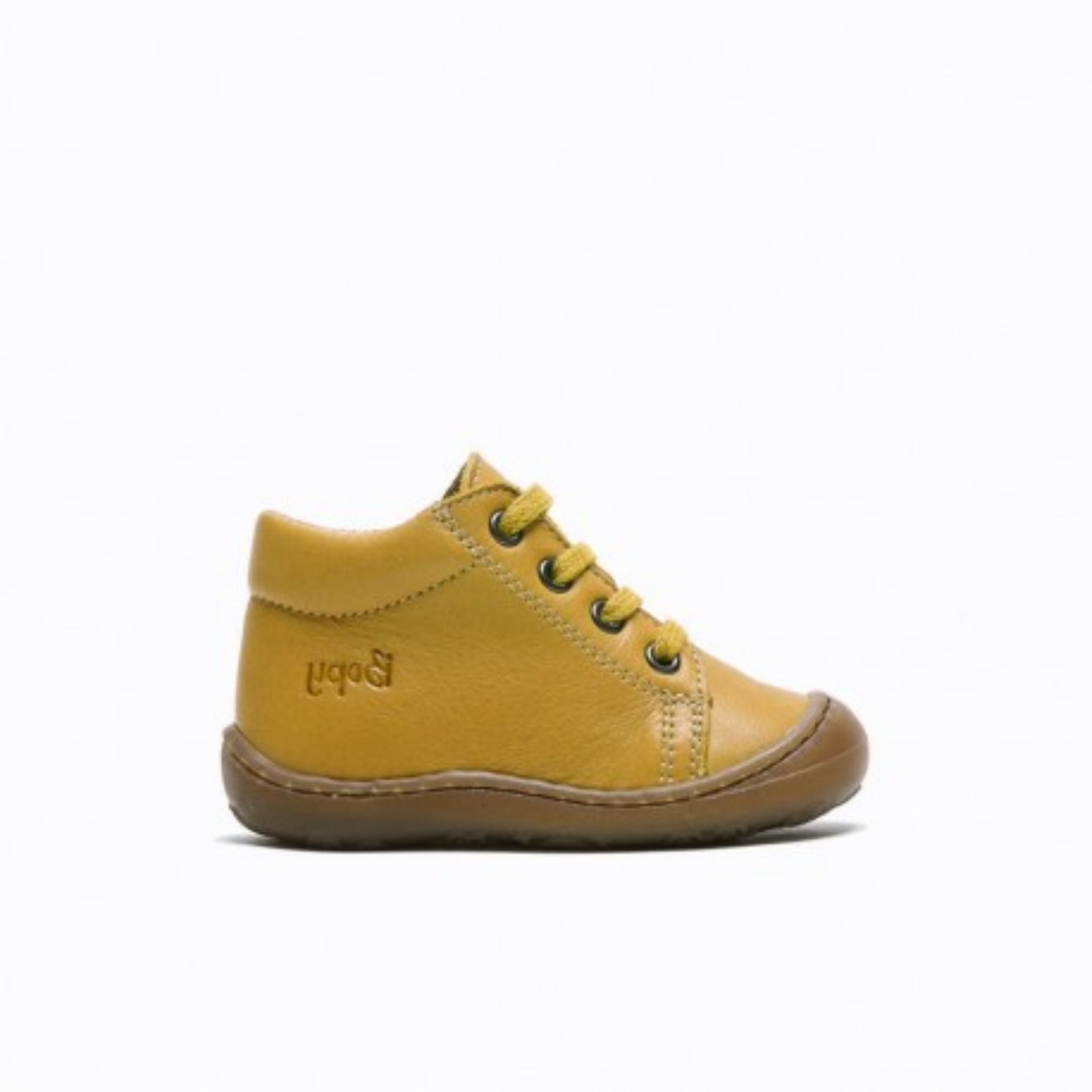 A boys ankle boot by Bopy ,style John, in yellow with lace up fastening. Left side view