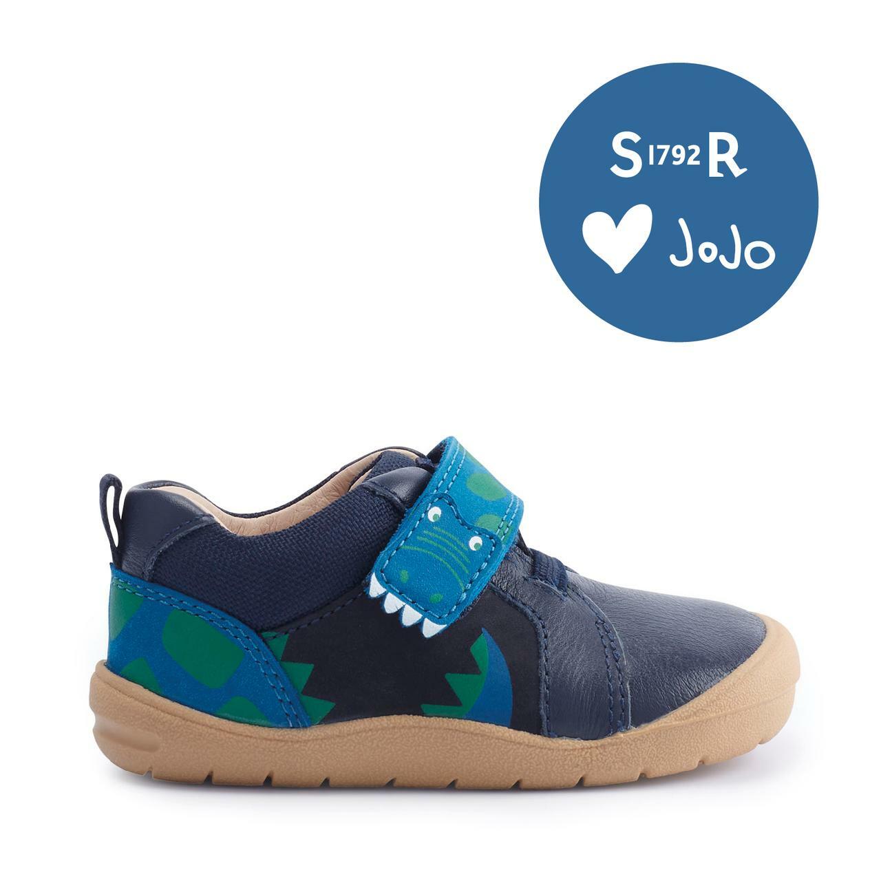 A boys casual shoe by Start Rite and JoJo Maman Bebé collaboration ,style Companion,in Navy multi with dinosaur velcro fastening. Right side view. 