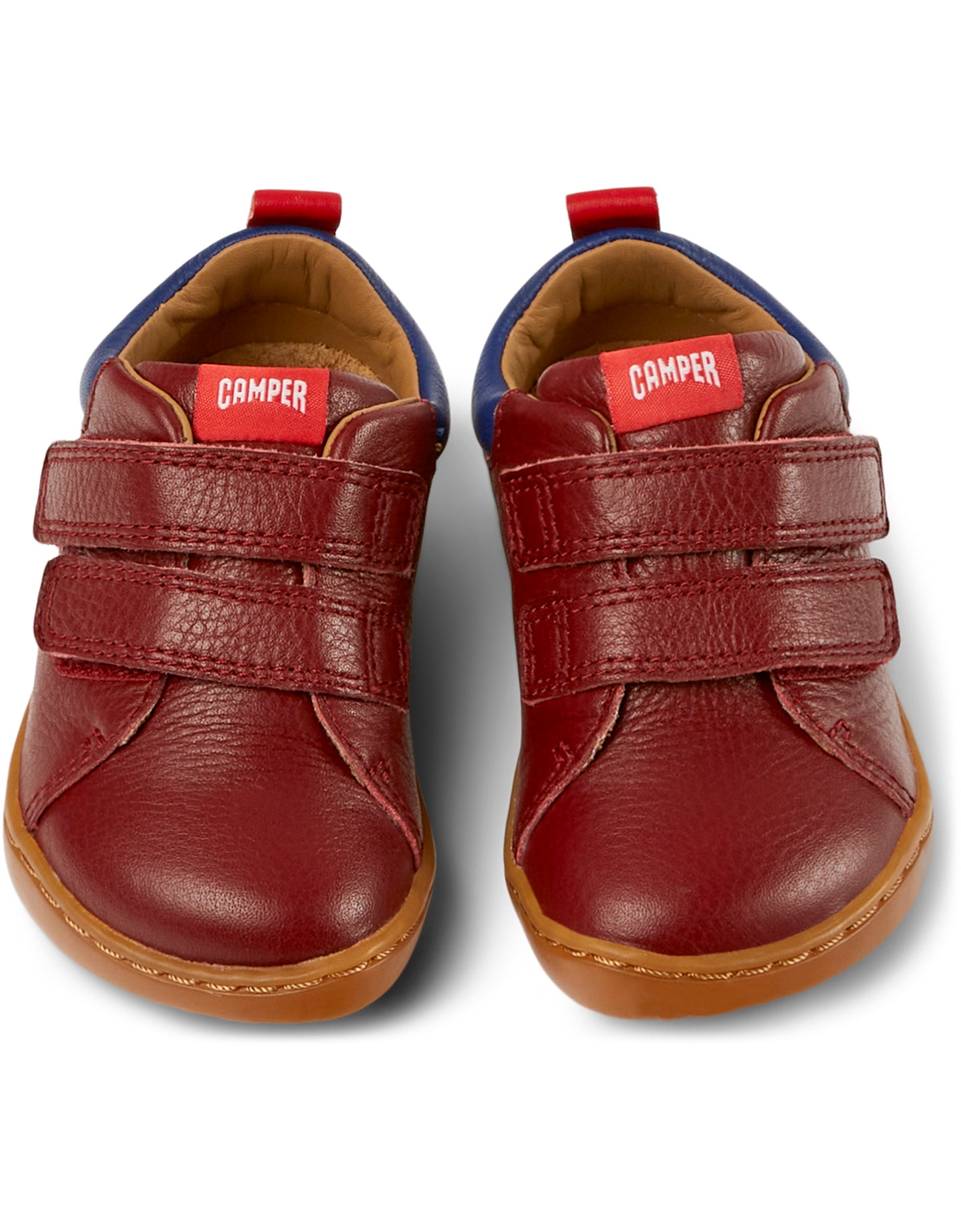 A boys casual shoe by Camper, style K800405-019, Peu Cami FW, in Burgundy Leather, with velcro fastening. Top pair view.