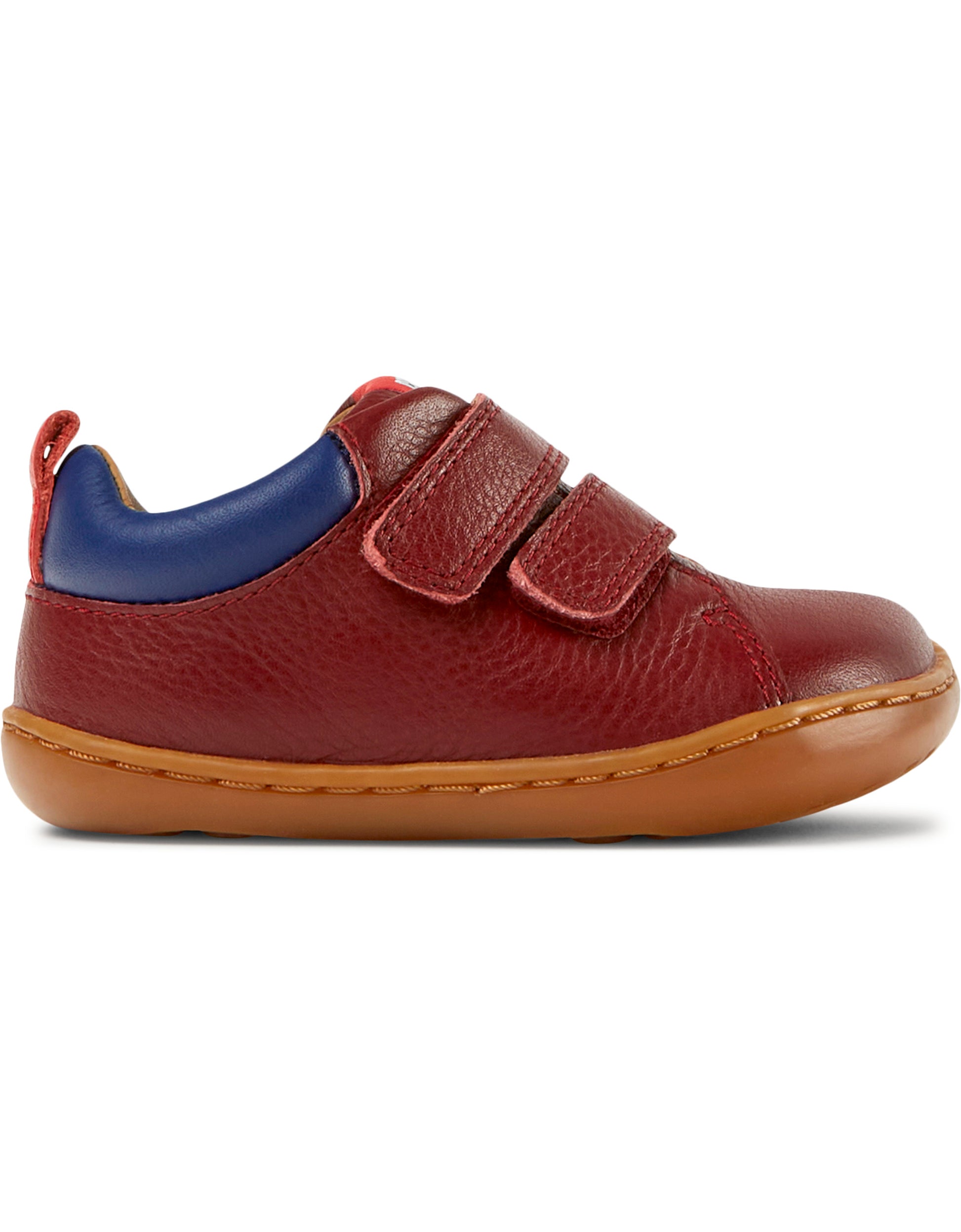 A boys casual shoe by Camper, style K800405-019, Peu Cami FW, in Burgundy Leather, with velcro fastening. Right Side view.