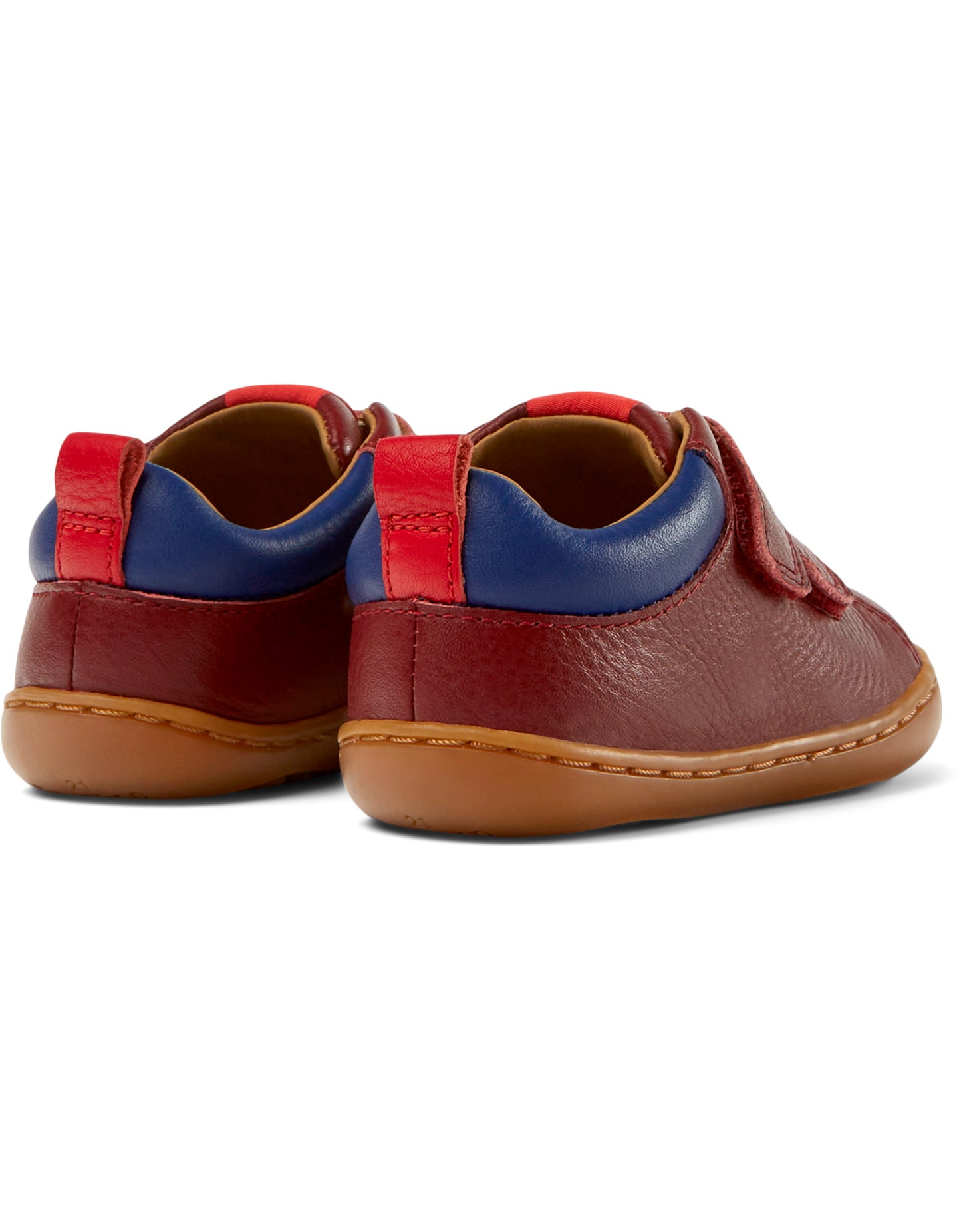 A boys casual shoe by Camper, style K800405-019, Peu Cami FW, in Burgundy Leather, with velcro fastening. Back pair view.