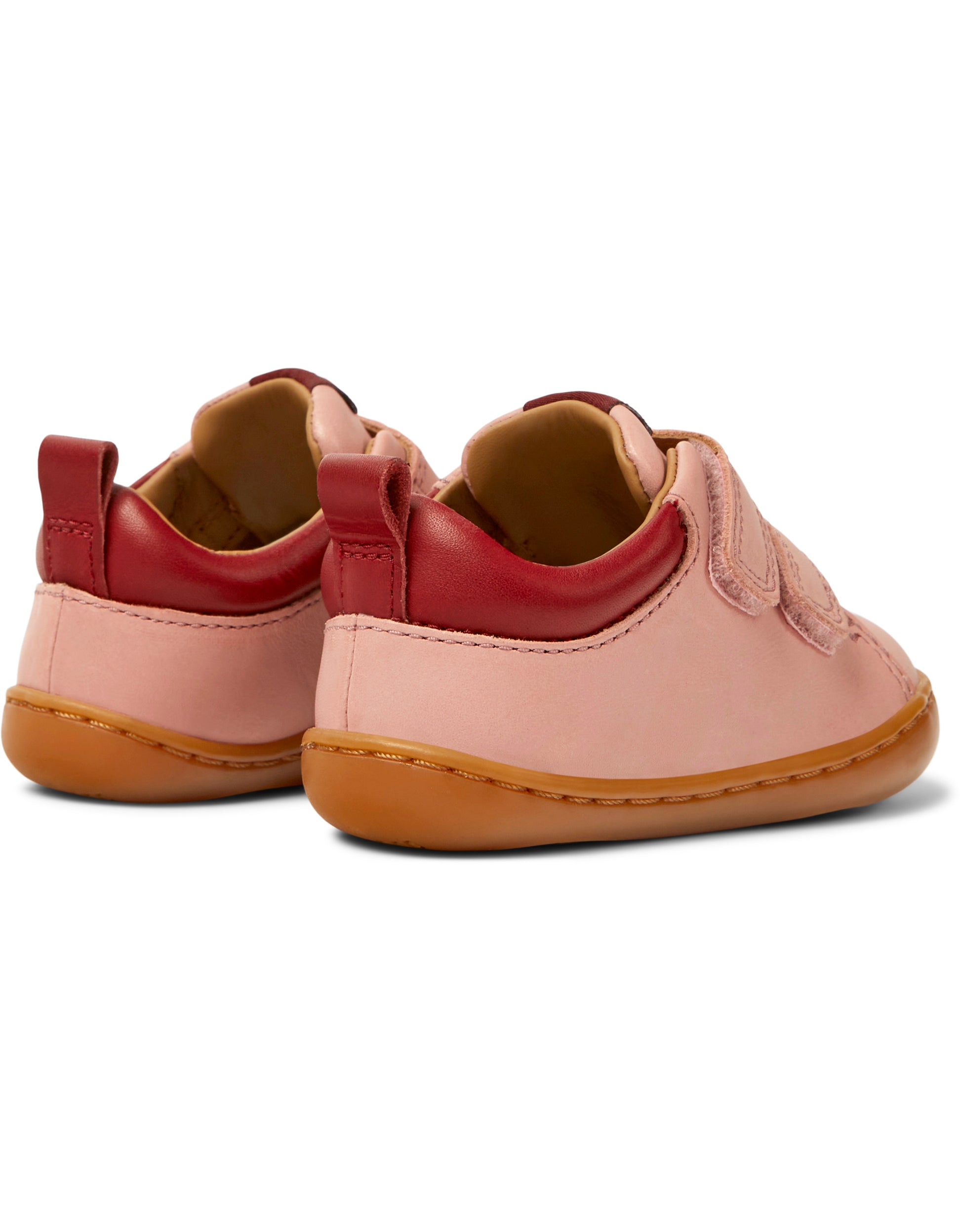 A girls casual shoe by Camper, style K800405-020, Peu Cami FW, in Pink Leather, with velcro fastening. Back Side Pair view.