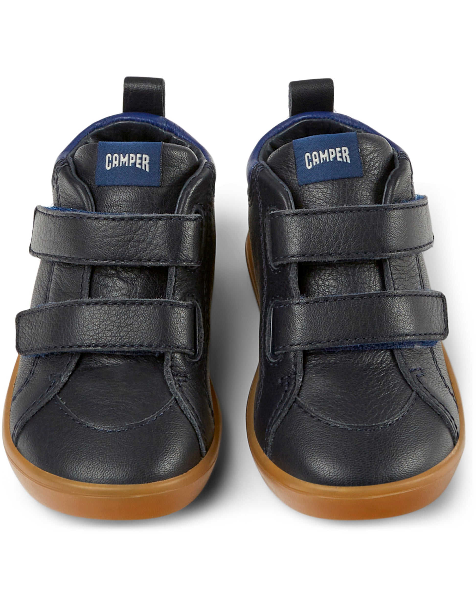 A pair of boys casual ankle boots by Camper, style K900236-013 in navy and blue leather with double velcro fastening. Front view.
