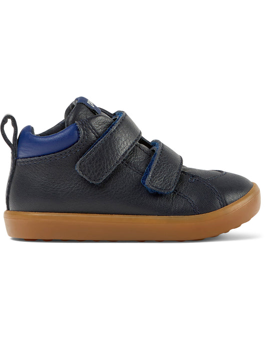  A boys casual ankle boot by Camper, style K900236-013 in navy and blue leather with double velcro fastening.  Right side view.