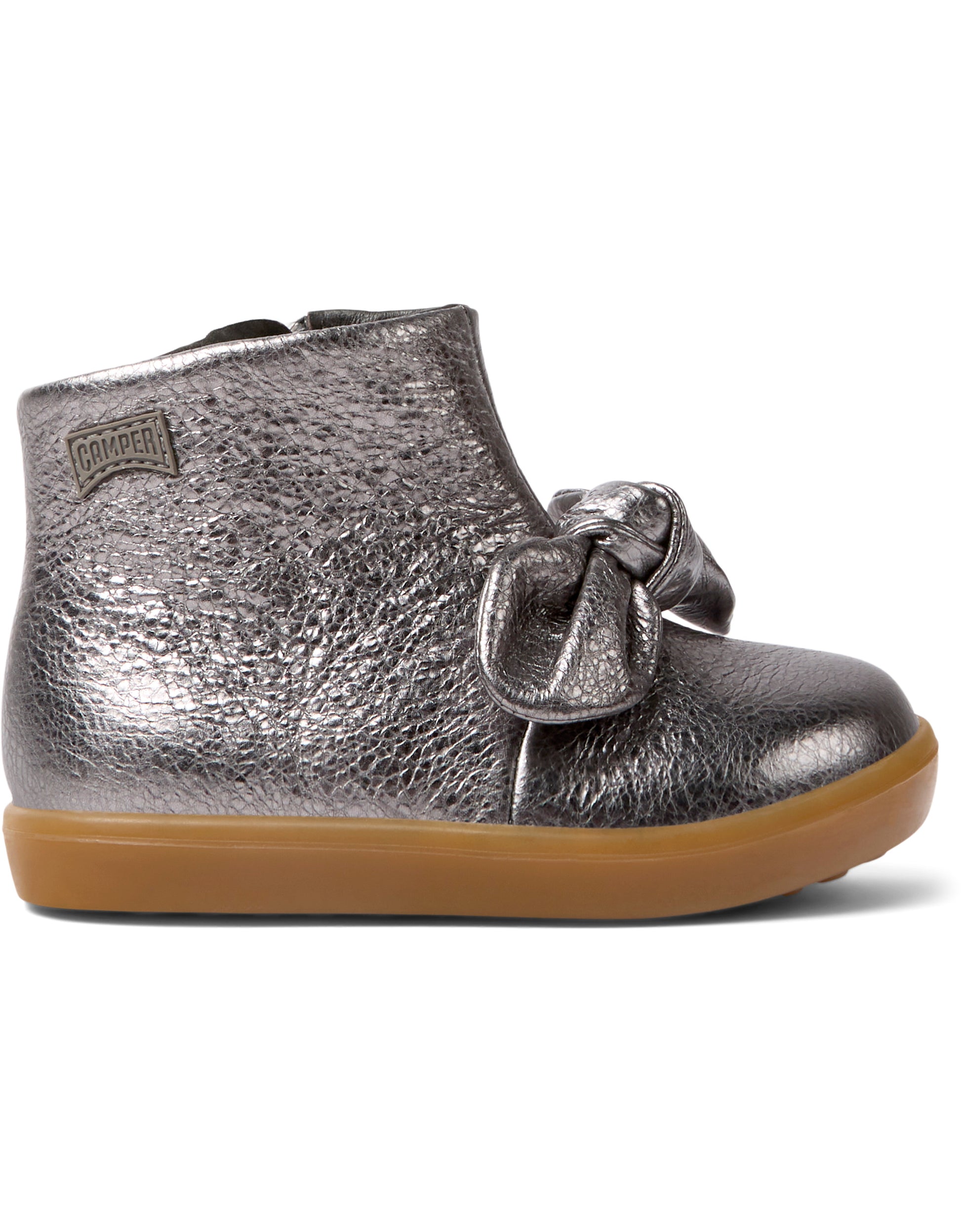 A girls ankle boot by Camper, style K900267-006 in dark silver with bow front and zip fastening. Right side view.,