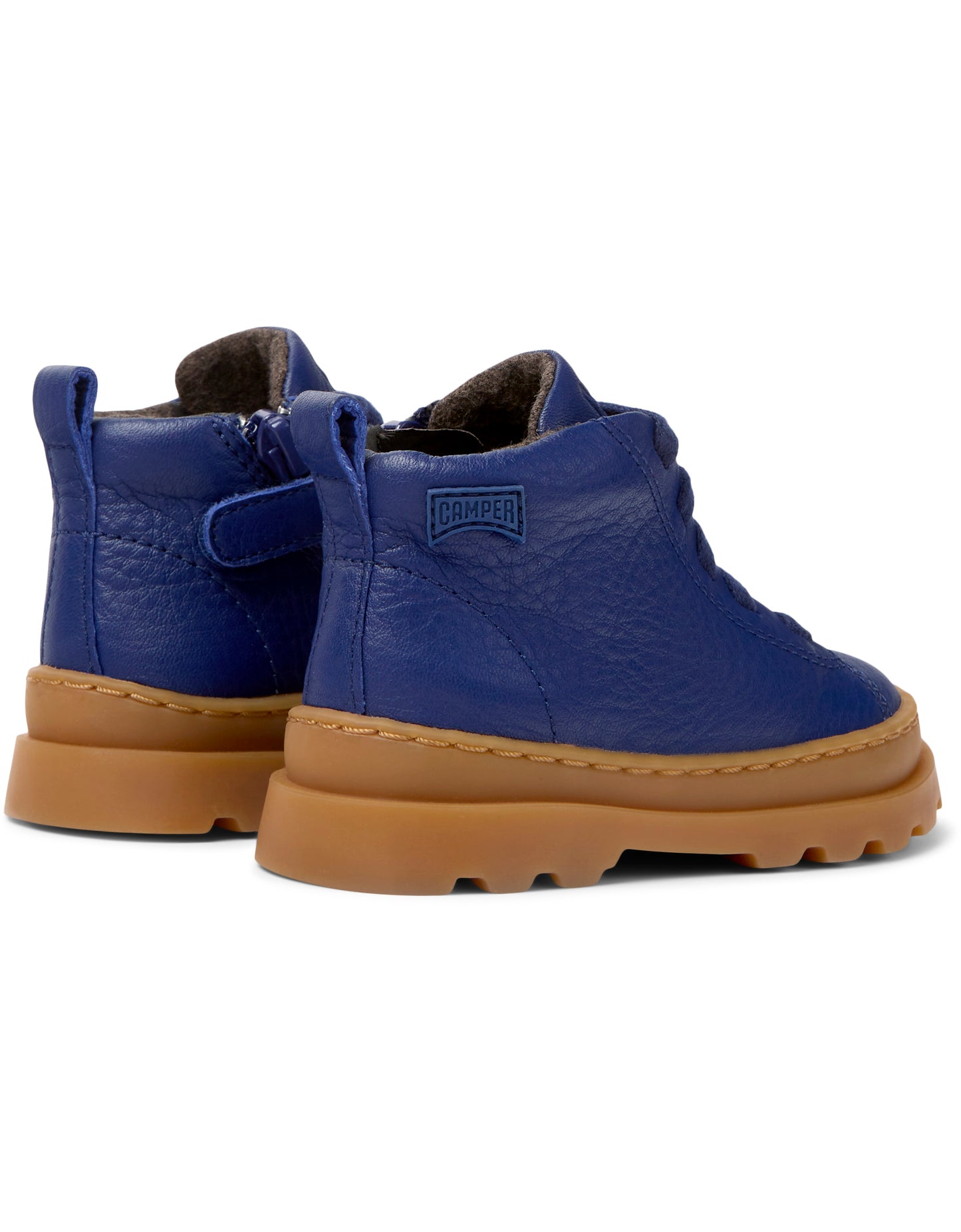 A pair of boys boots by Camper, style K900291-003, in blue leather with lace and zip fastening. Angled view.