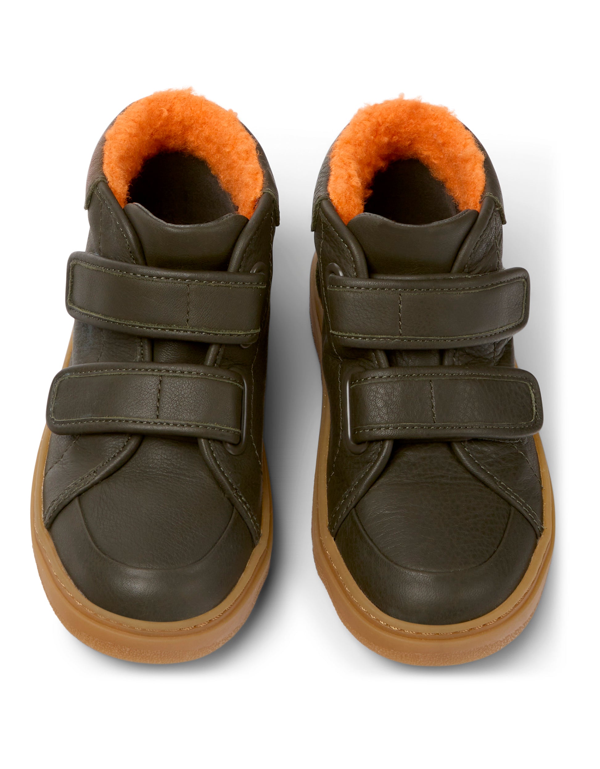 A pair of boys casual ankle boots by Camper, style K900303-004 in brown leather with orange fur ankle and double velcro fastening. 