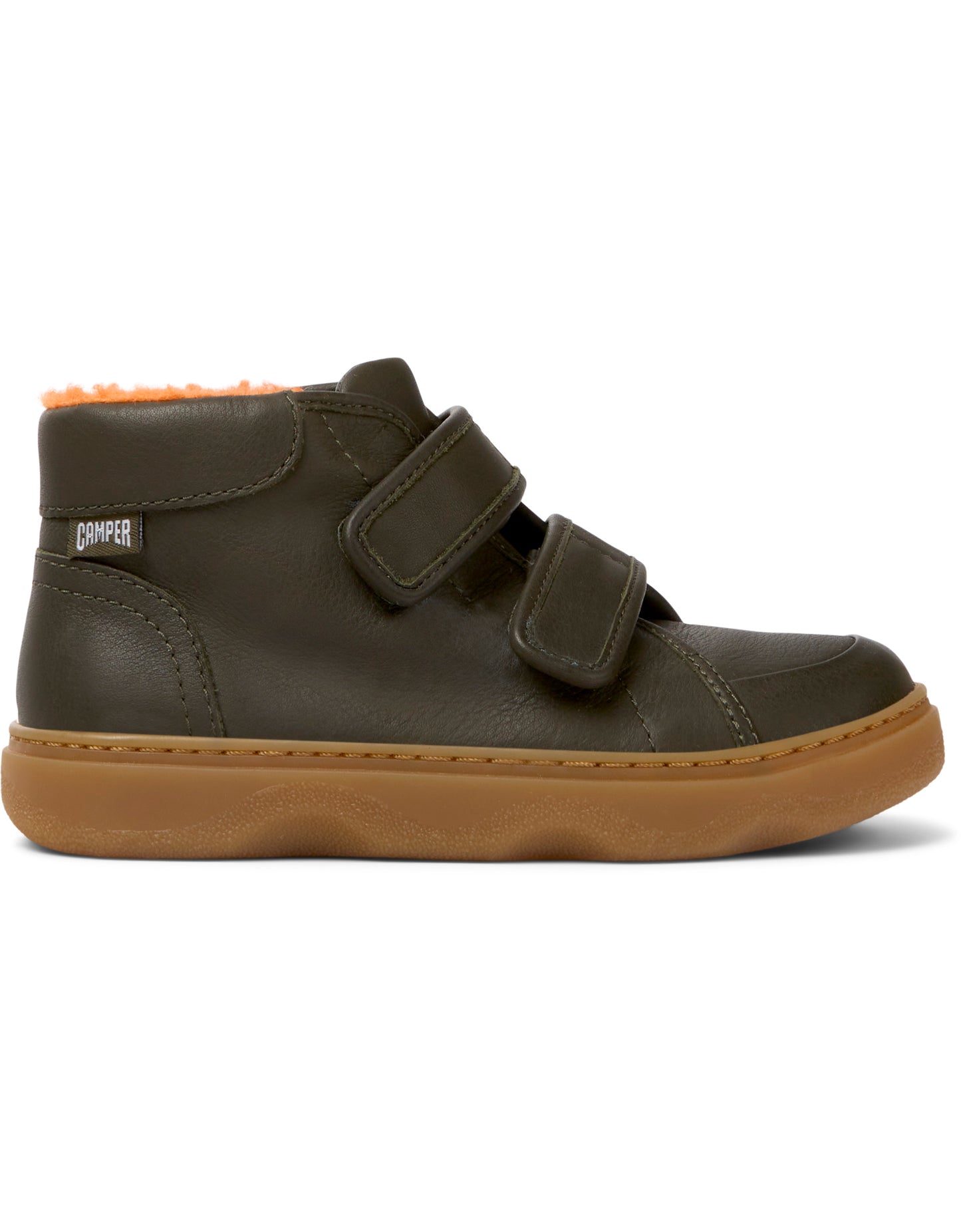 A boys casual ankle boot by Camper, style K900303-004 in brown leather with double velcro fastening. Right side view.