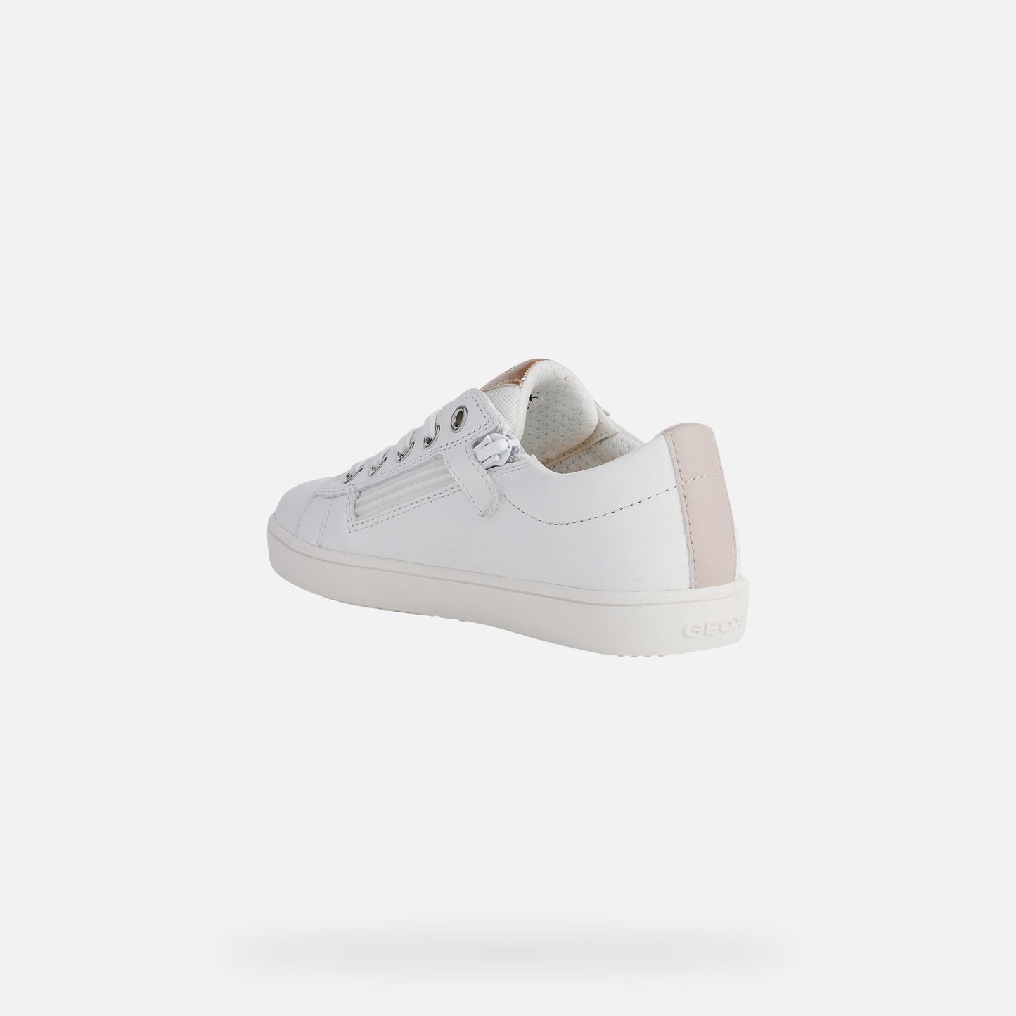 A girls casual trainer by Geox, style Kathe, in white and pink with lace fastening. Inner side view.
