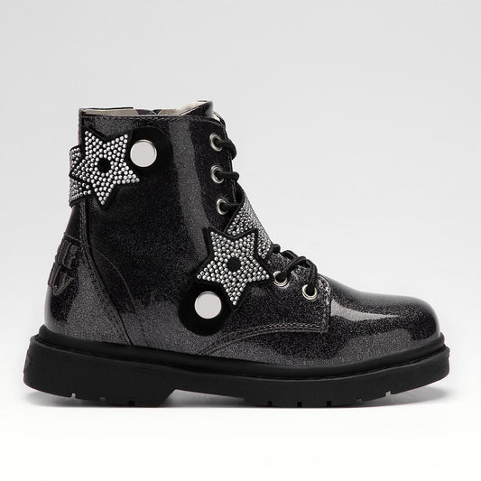 A girls chunky ankle boot by Lelli Kelly, style LKHG2332 Stella Stellina , in black glitter patent leather with detachable diamante  star strap. Lace up and zip fastening. Right side view.