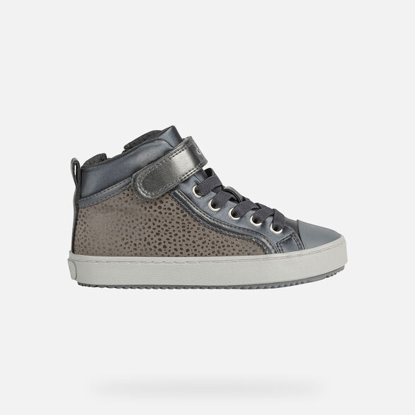 A girls casual hi top trainer by Geox, style Kalispera, in silver with velcro and zip fastening. Right side view.