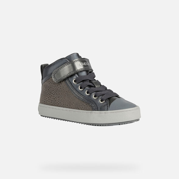A girls casual hi top trainer by Geox, style Kalispera, in silver with velcro and zip fastening. Right side view.