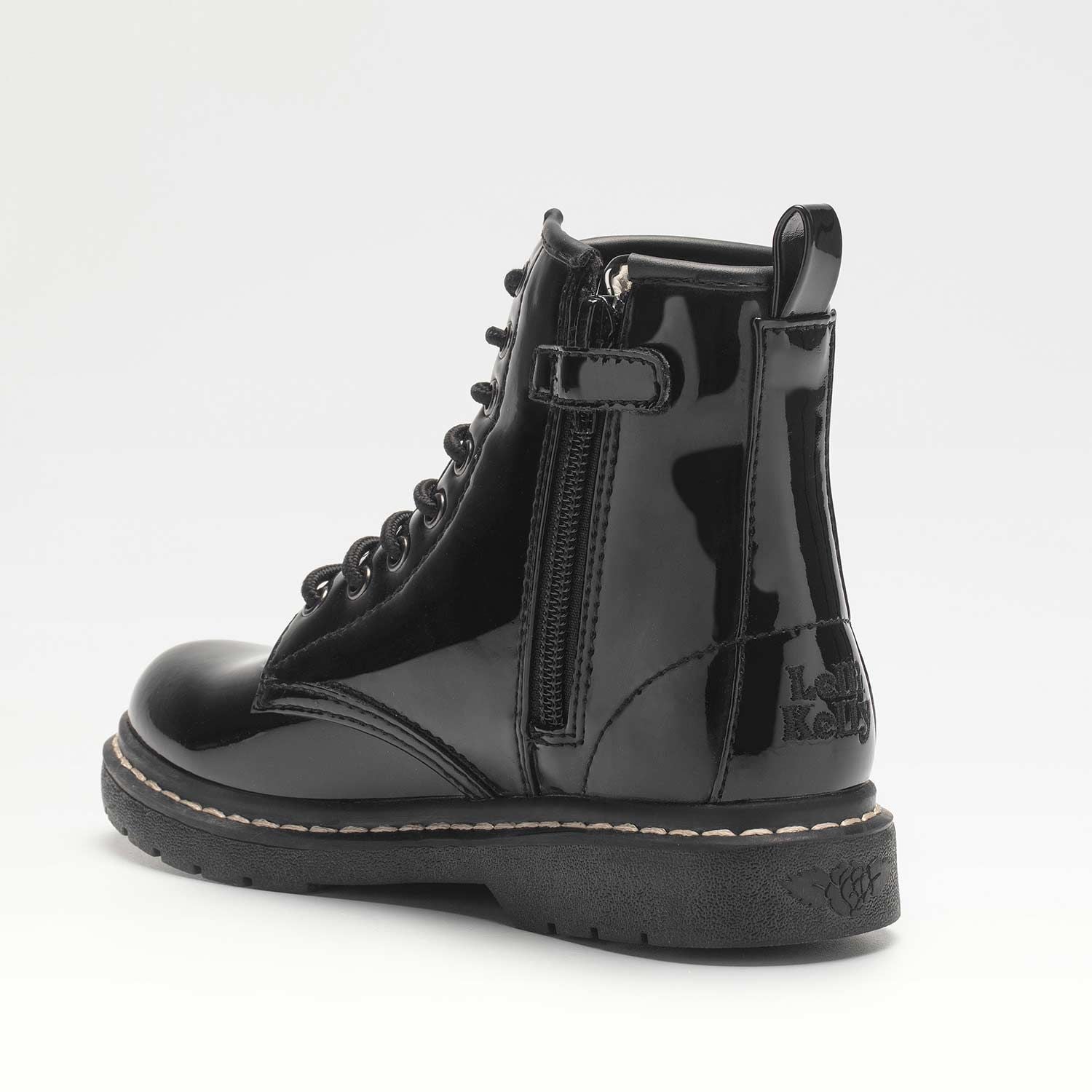A girls school boot by Lelli Kelly, style Sofia, in black patent with lace and zip fastening. inner side view.