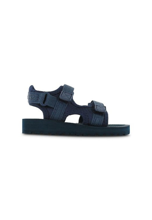 A boys open toe sandal by Shoesme, style LS23S001-D, in navy fabric with velcro fastening. Right side view.