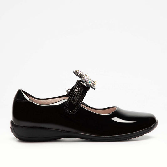 A girls Mary Jane school shoe by Lelli Kelly, style Bella 2 in black patent with velcro fastening. Right side view.