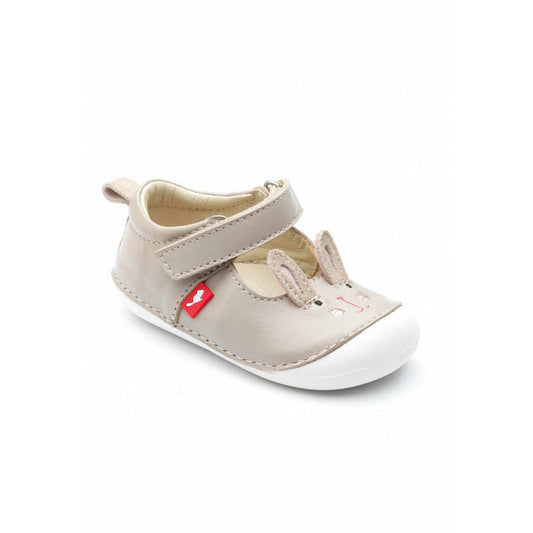 A girls pre-walker by Chipmunks, style Lola, in taupe leather with bunny face and velcro fastening. Angled view of right side.