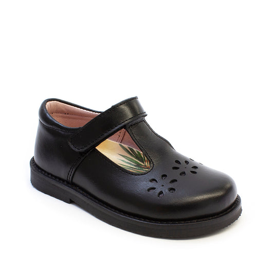 A girls  T-Bar school shoe by Petasil, style Lurdes, in black with velcro fastening. 