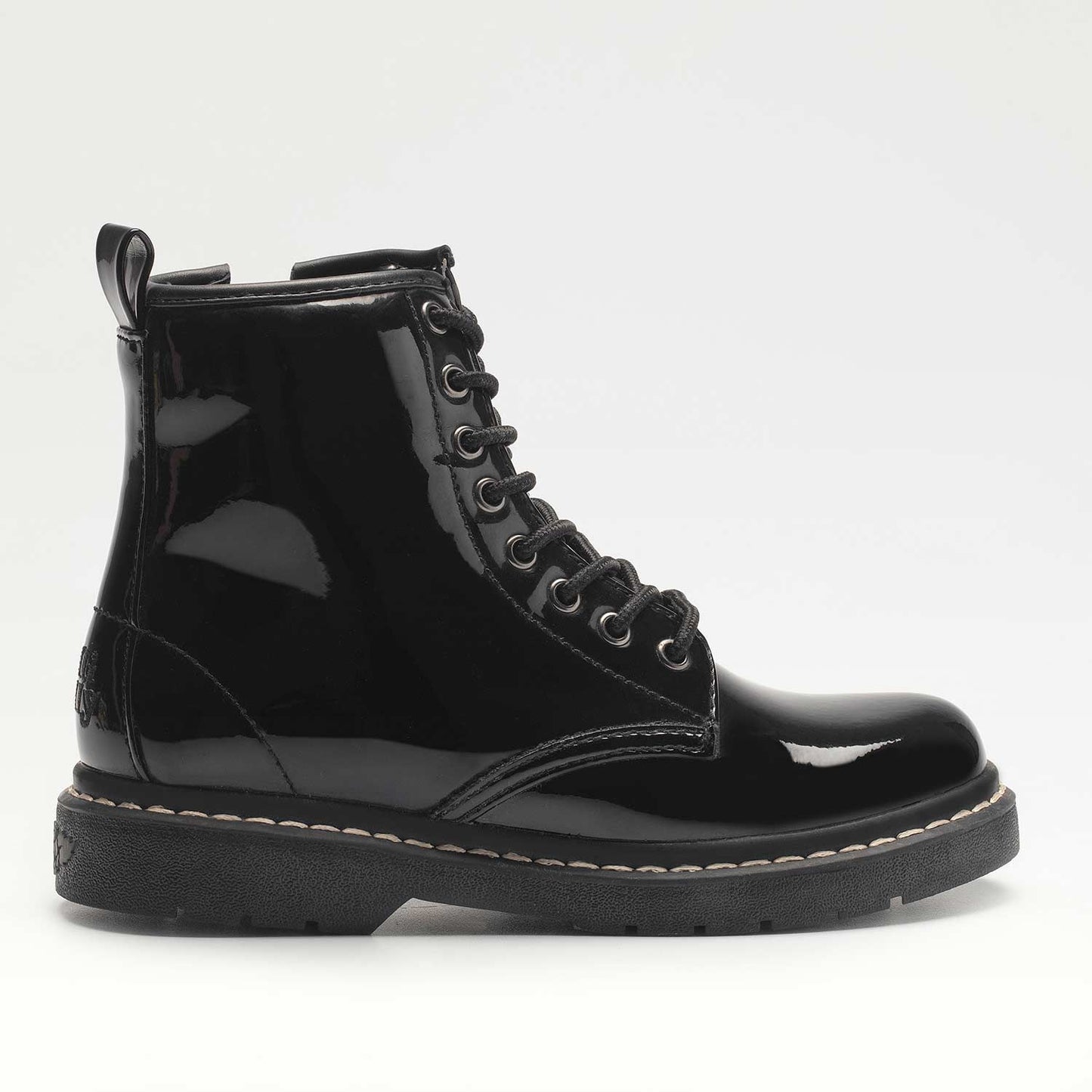 A girls school boot by Lelli Kelly, style Sofia, in black patent with lace and zip fastening. Right side view.