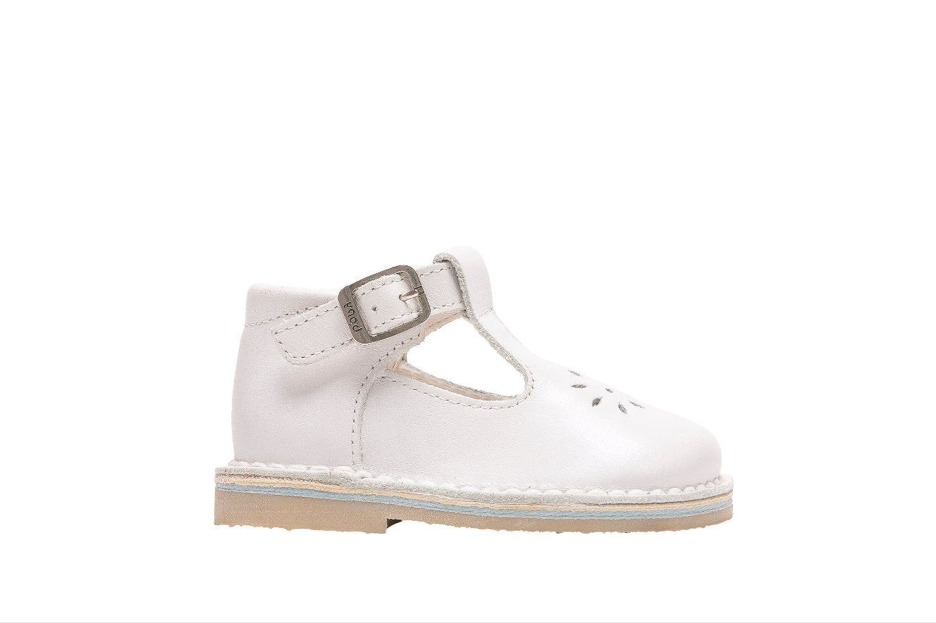 A girls T-Bar shoe by Bopy, style Mapil, in white with buckle fastening.  Left side view.