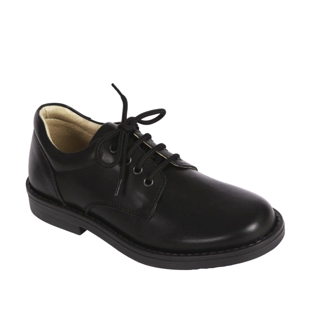 A boys school shoe by Petasil, style Marcus, in black with lace up fastening. Right side view.