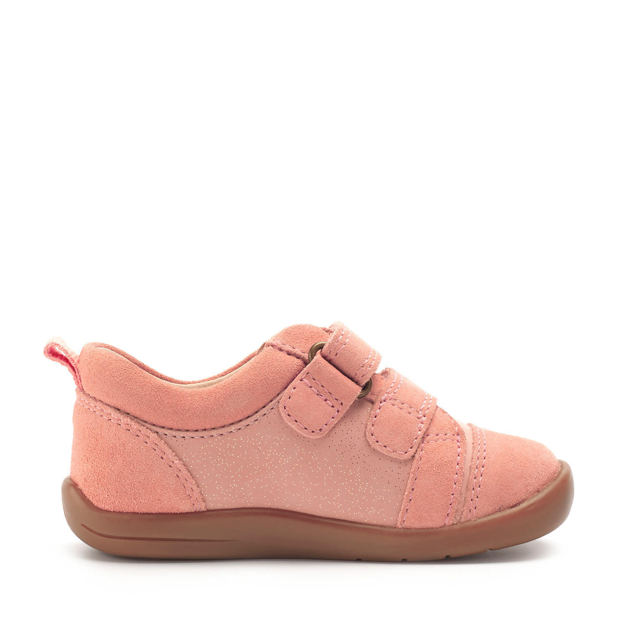 A girls casual shoe by Start Rite, style Maze, in pink and gold with double velcro fastening. Inner side view.