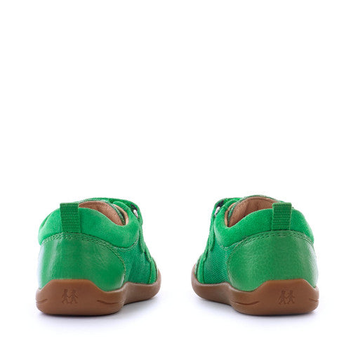 A boys casual shoe by Start Rite, style Maze, in green and white with double velcro fastening. Right side view. Back view.