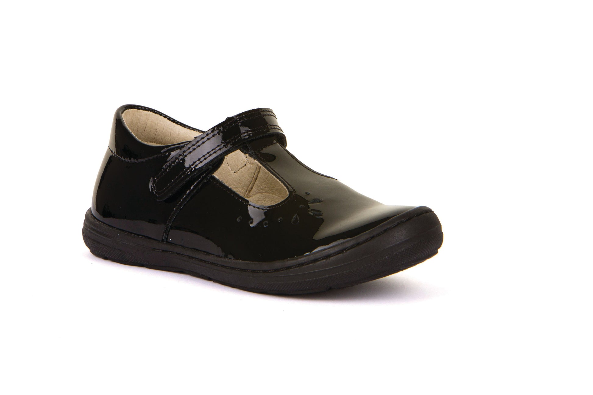 A girls T Bar school shoe by Froddo, style Mia T, in black patent with velcro fastening. Right side view.