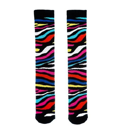 A pair of junior socks by Squelch, style Neon Zebra, in multi. Front view.