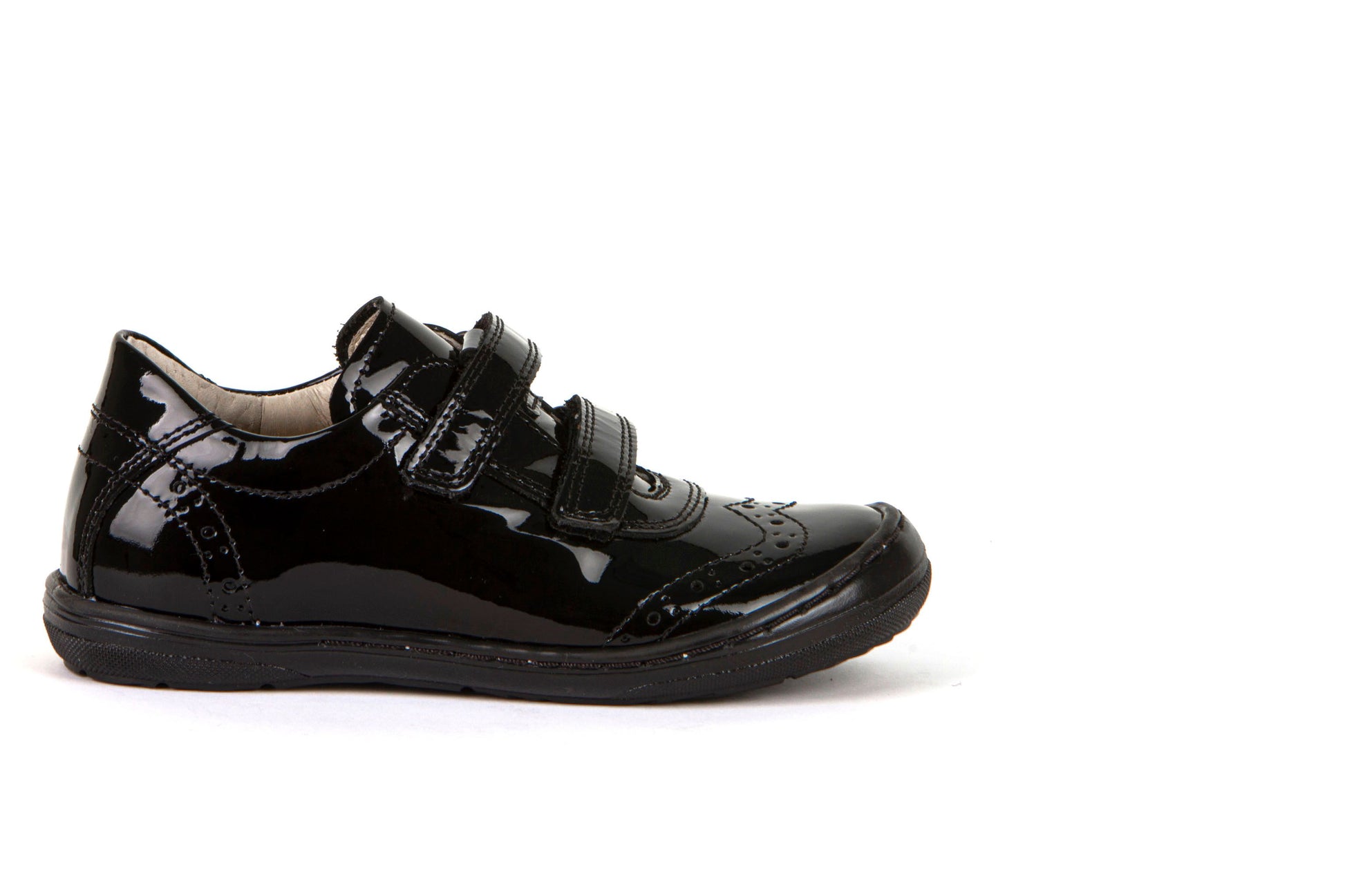 A girls school shoe by Froddo, style Mia D in black patent with velcro fastening. Right side view.