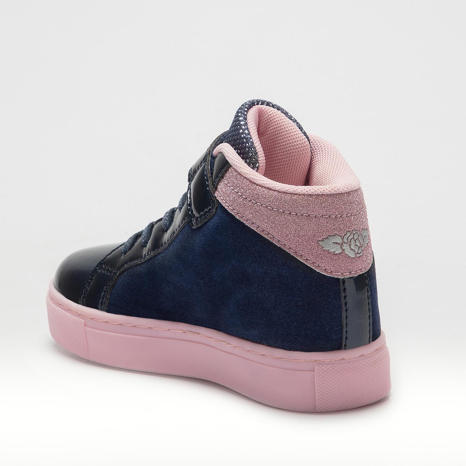 A girls hi top trainer by Lelli Kelly, style Mille Stelle, in navy and pink suede/patent with faux lace and velcro fastening. Angled view.
