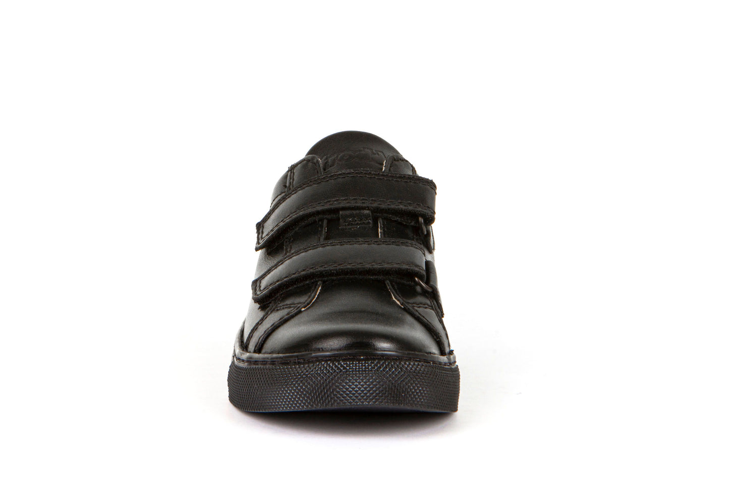 A boys casual school shoe by Froddo, style Morgan D in black with double velcro fastening. Front view.