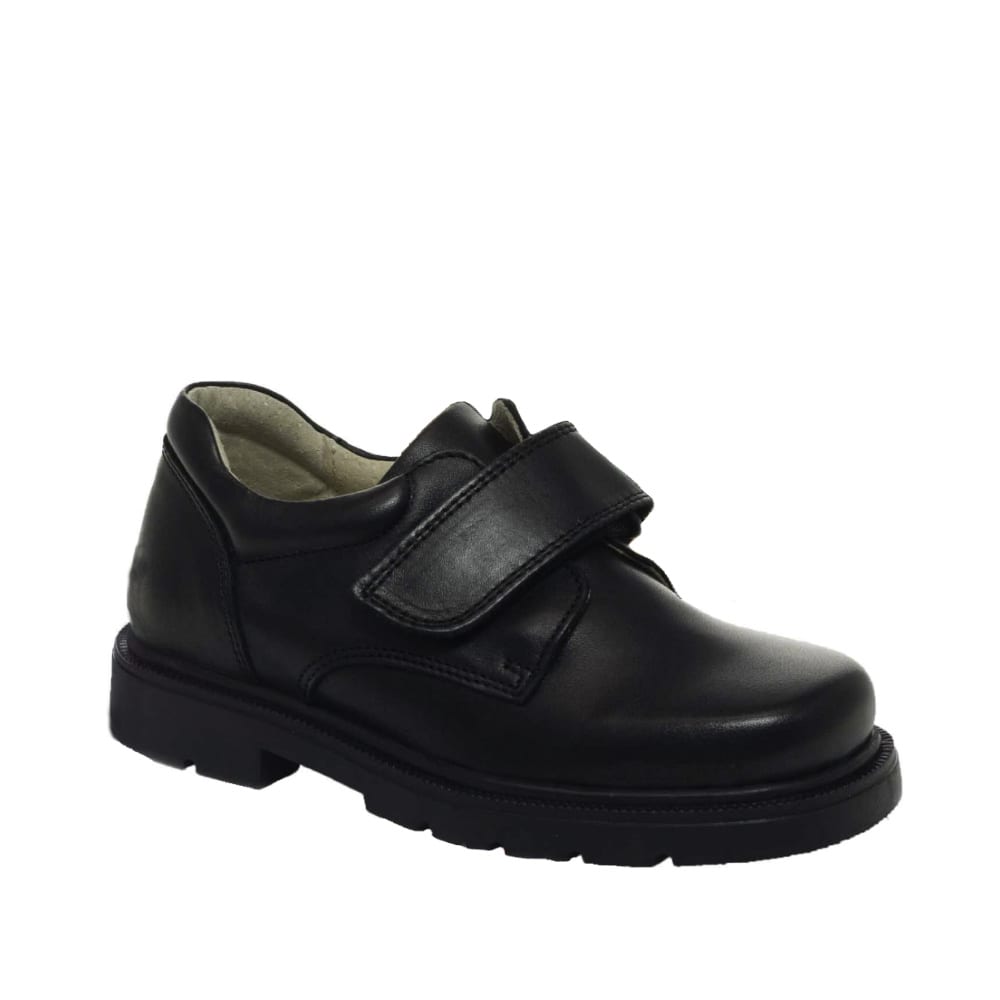 A boys school shoe by Petasil, style Ollie, in black with velcro fastening. Right side view.