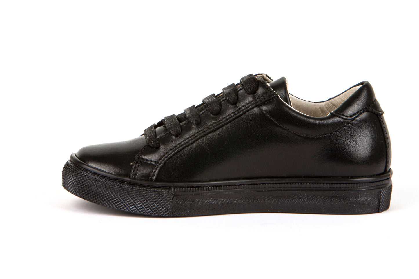A boys school shoe by Froddo, style Morgan L, in black with lace up fastening. Inner side view.