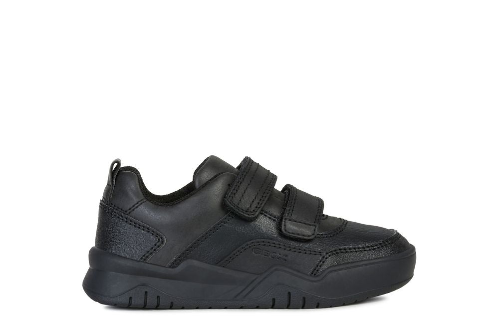 A boys casual school shoe by Geox, style Perth, in black with velcro fastening. Right side view.