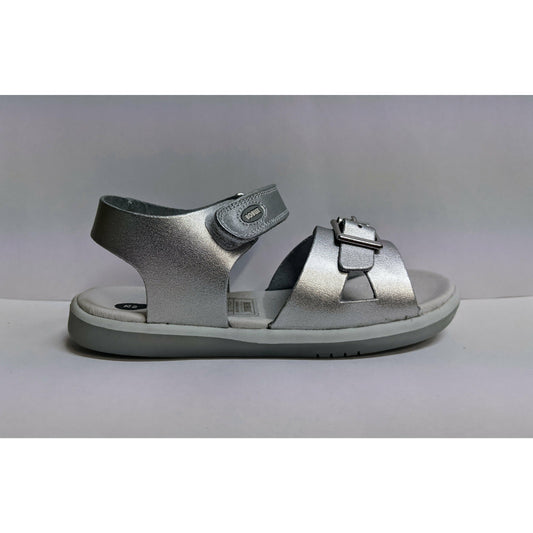 A girls open sandal by Bobux, style simple, in silver with velcro fastening. Right side view., 