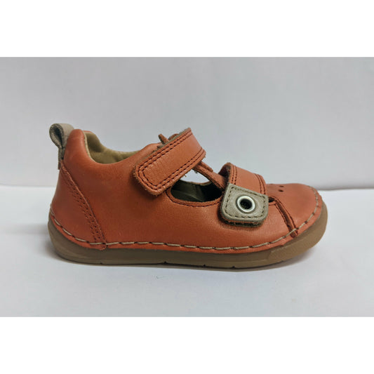 A boys closed toe sandal by Froddo, style Paix Double, in Orange leather with velcro fastening. Right side view.
