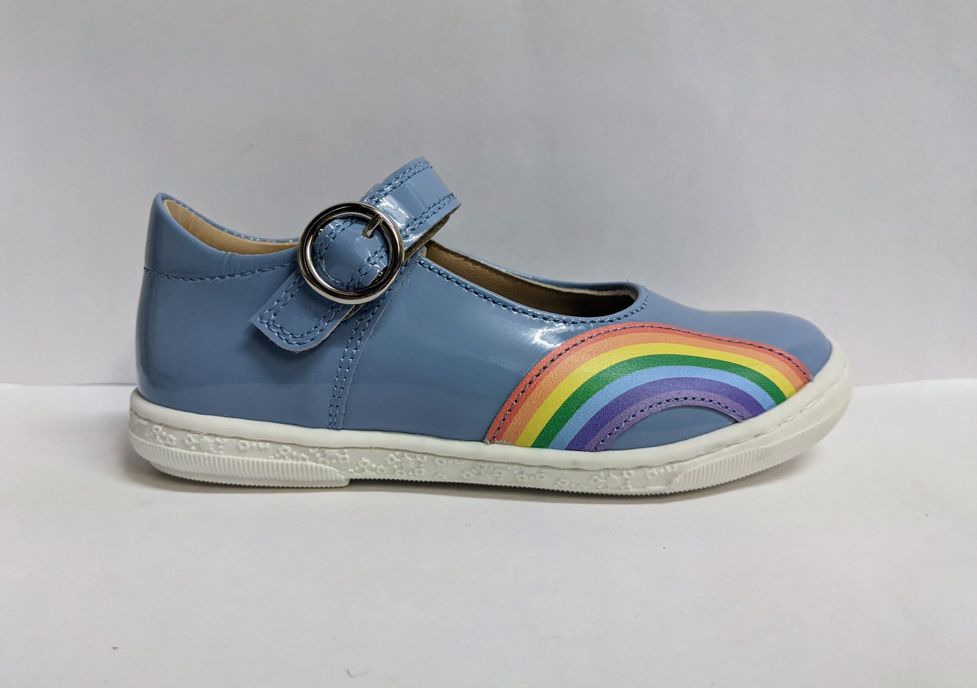 A girls Mary Jane shoe by Petasil,style Rainbow, in blue multi with velcro fastening. Right side view.