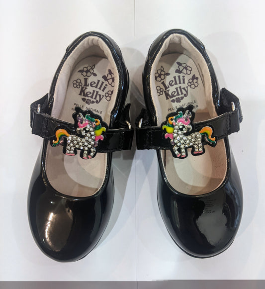 A pair of girls school shoes by Lelli Kelly, style Bonnie, in black patent with buckle. Above view.