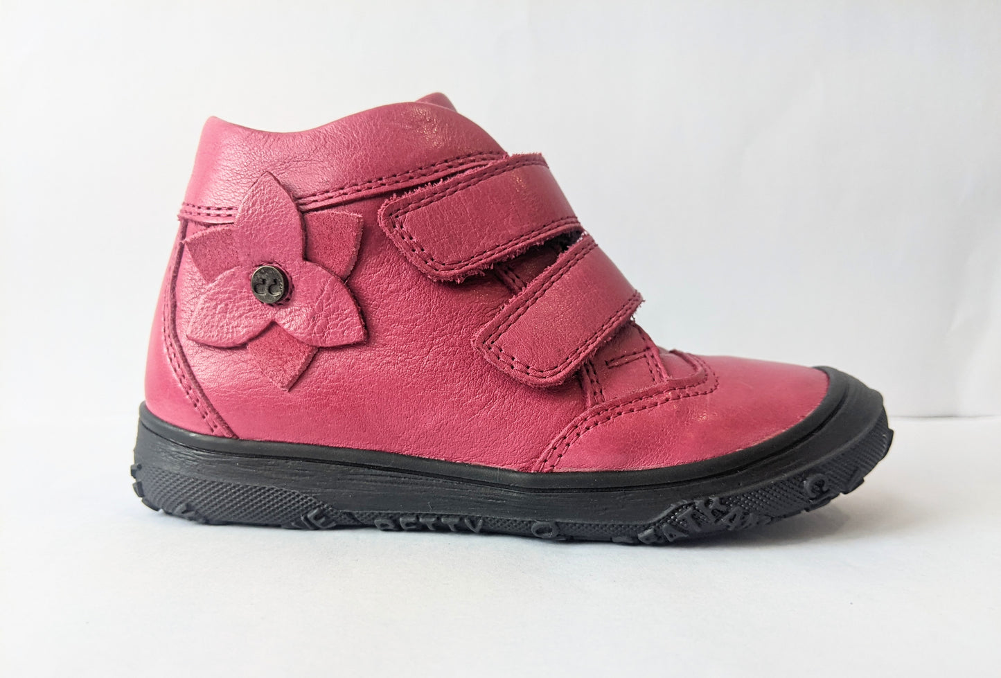 A girls ankle boot by Froddo, style G2130072, in Fuchsia leather with double velcro fatening. Right side view.