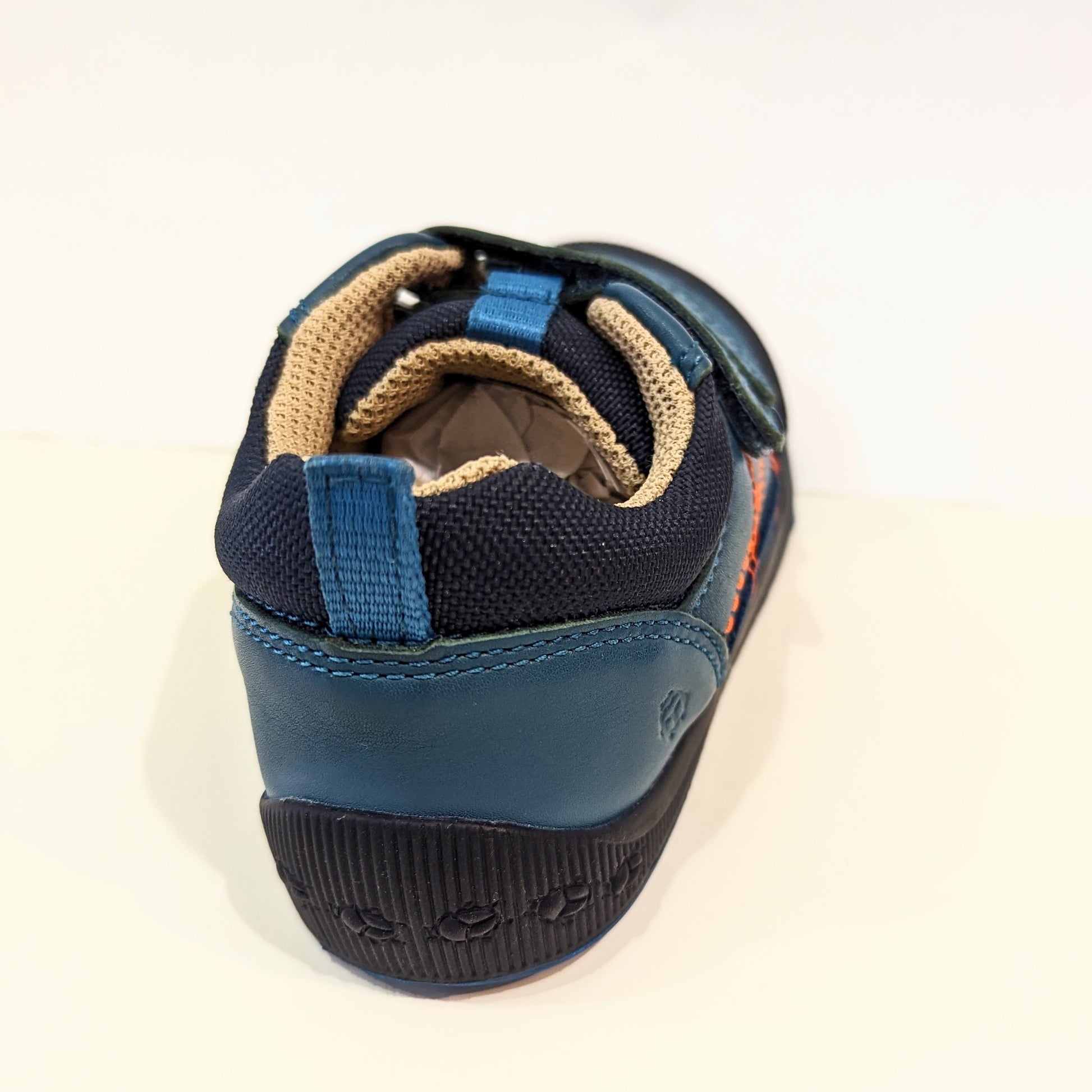 A boys casual shoe by Start Rite, style Tickle, in teal leather with double velcro fastening. Back view.