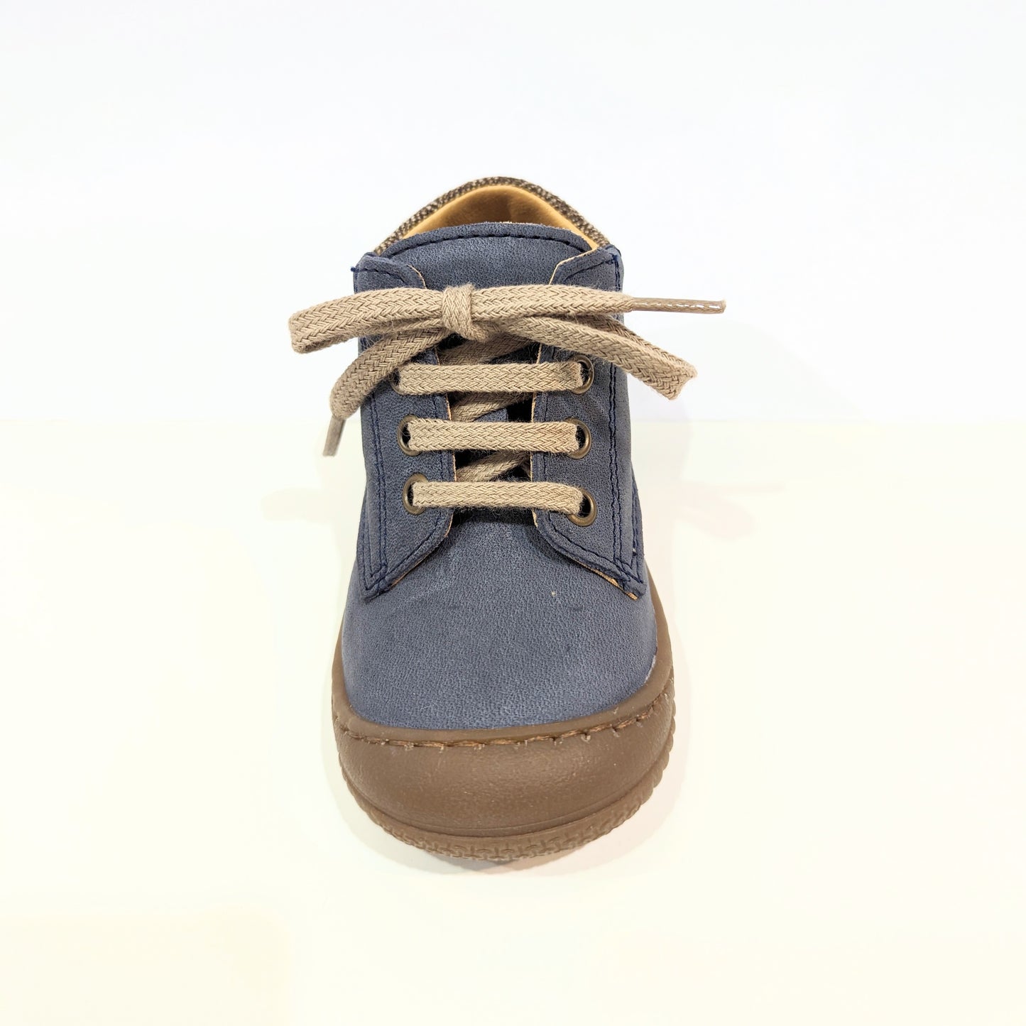 A boys ankle boot by Bopy ,style Jazo, in marine blue with lace and side zip fastening. Top view.