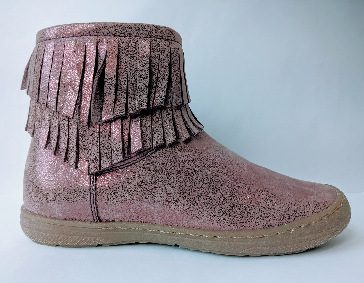 A girls ankle boot by Froddo, style G3160108-1,in pink shimmer with zip fastening. Right side view.