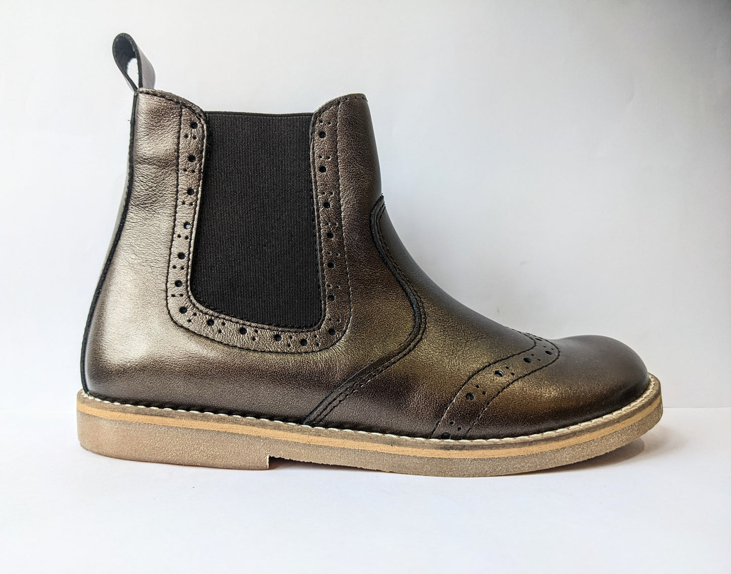  A girls ankle boot by Froddo, style Chelys Brogue G3160080-13,in bronze leather with zip fastening.  Right side view.
