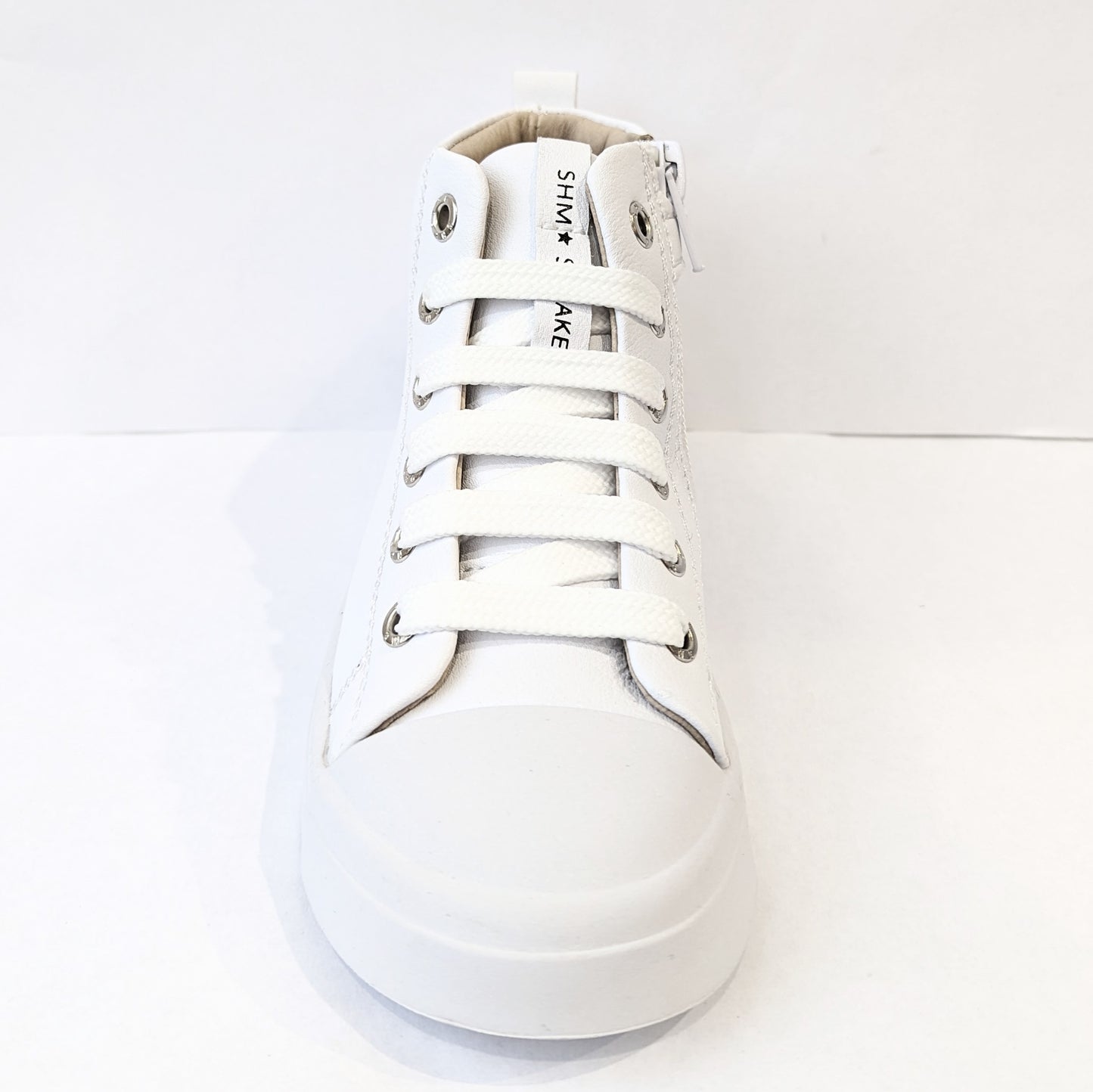 A unisex hi-top by Shoesme, style SH21S008-F, in white with logo detail, lace/zip up. Front view.