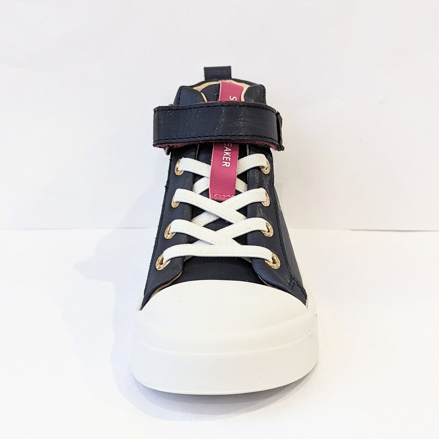 A girls hi-top boot by Shoesme, style SH23S008-C, in navy with unicorn detail and lace/velcro fastening. Front view.