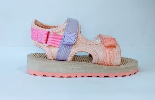 A girls open toe sandal by Shoesme, style LS23S001-A, in pink/lilac multi fabric with velcro fastening. Right side view.