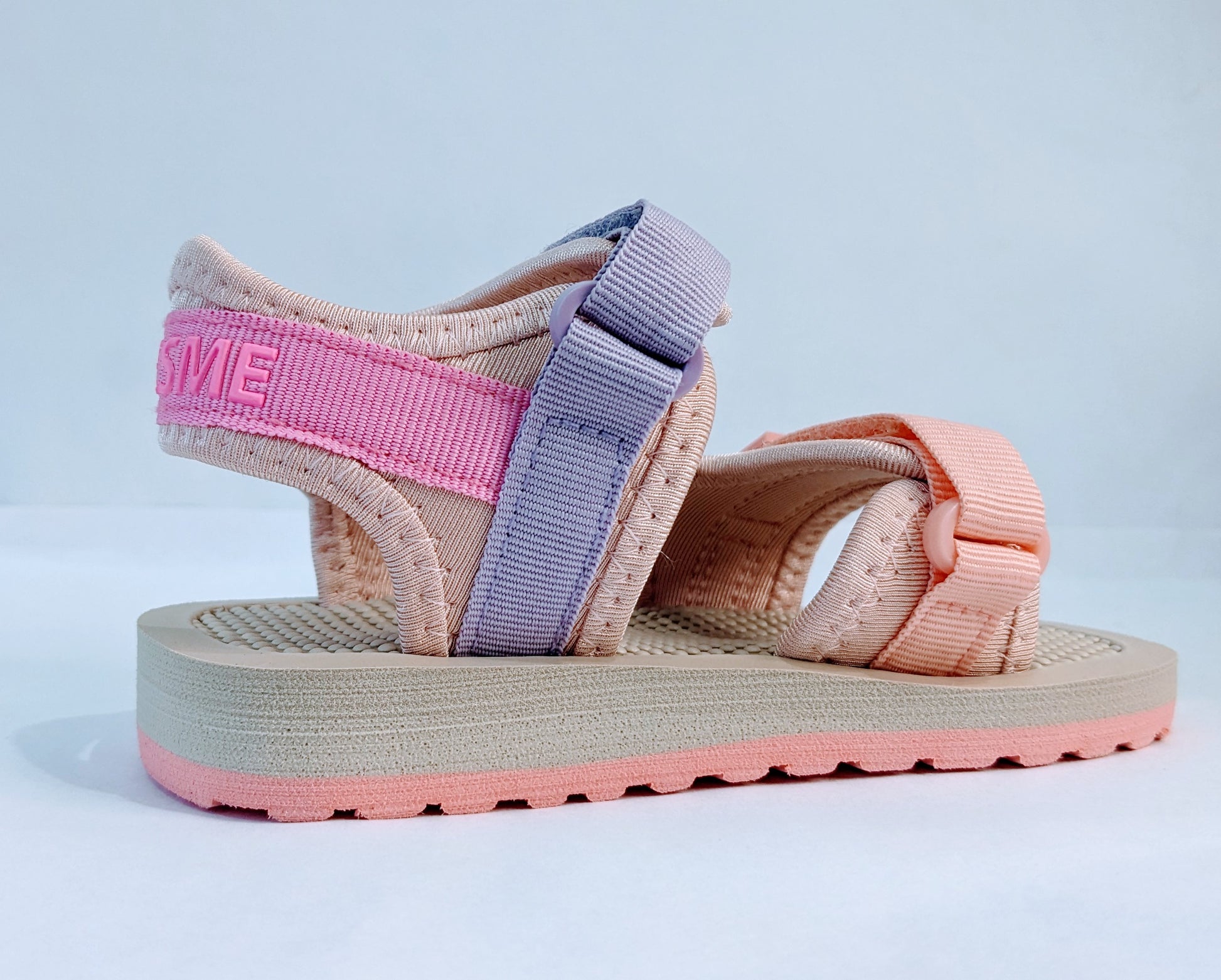 A girls open toe sandal by Shoesme, style LS23S001-A, in pink/lilac multi fabric with velcro fastening.Angled view.