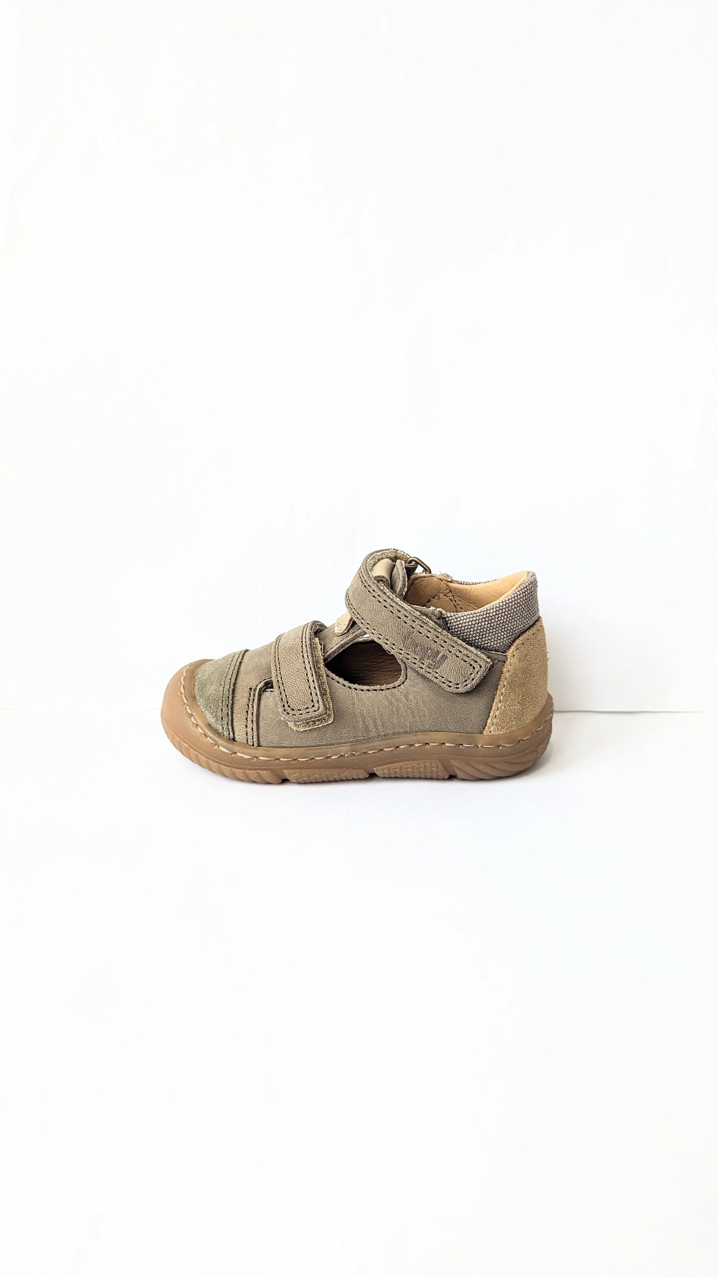 A boys shoe by Bopy, style Jacour, in khaki nubuck with double velcro fastening and toe bumper.  Right side view.