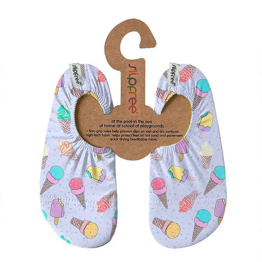 A girls non slip swim shoe by Slipfree, style Pagoto, in pale blue multi ice cream print. Front view.